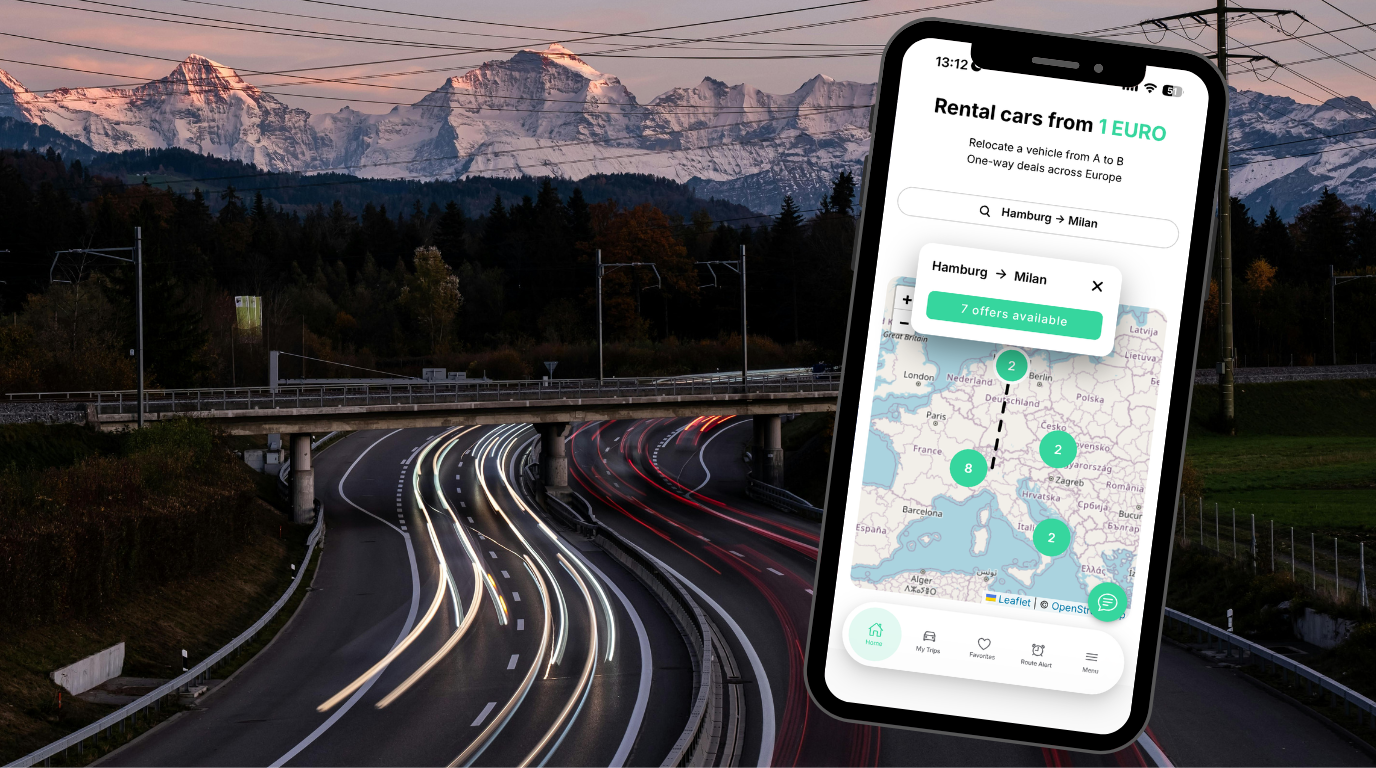 Movacar app home screen with map view and 1-euro deals